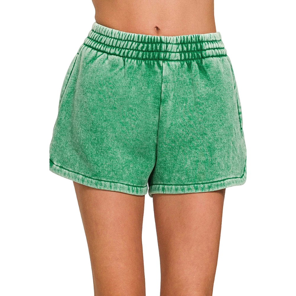Zenana Jogger Shorts Casual Green Cotton Blend Acid Washed Elastic High Waist