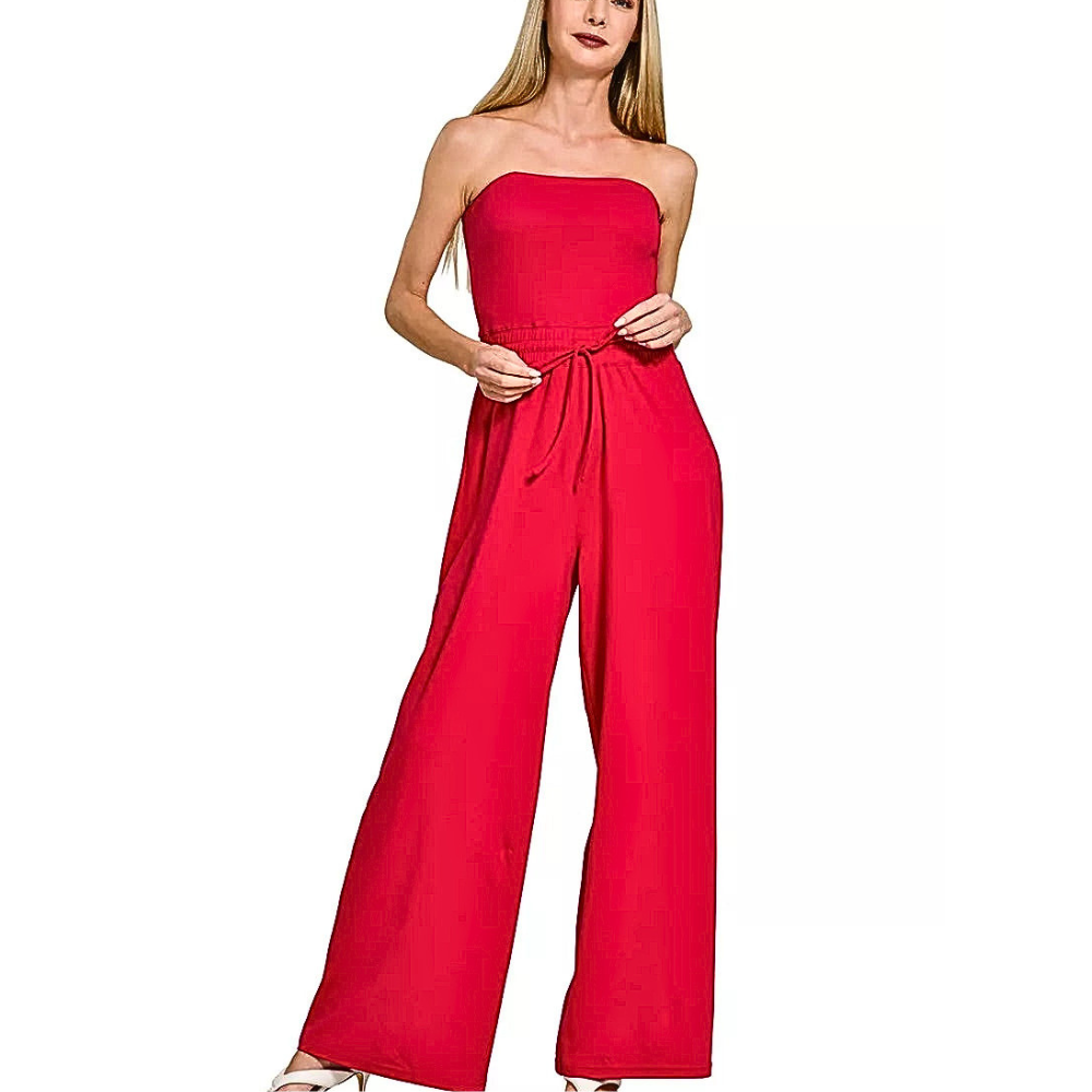 Zenana Strapless Jumpsuit Cotton Casual Elastic Waist Lightweight Overall Red