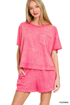 Zenana Casual Set Cotton Oversized T-shirt & Shorts Acid Washed Fuchsia Pink