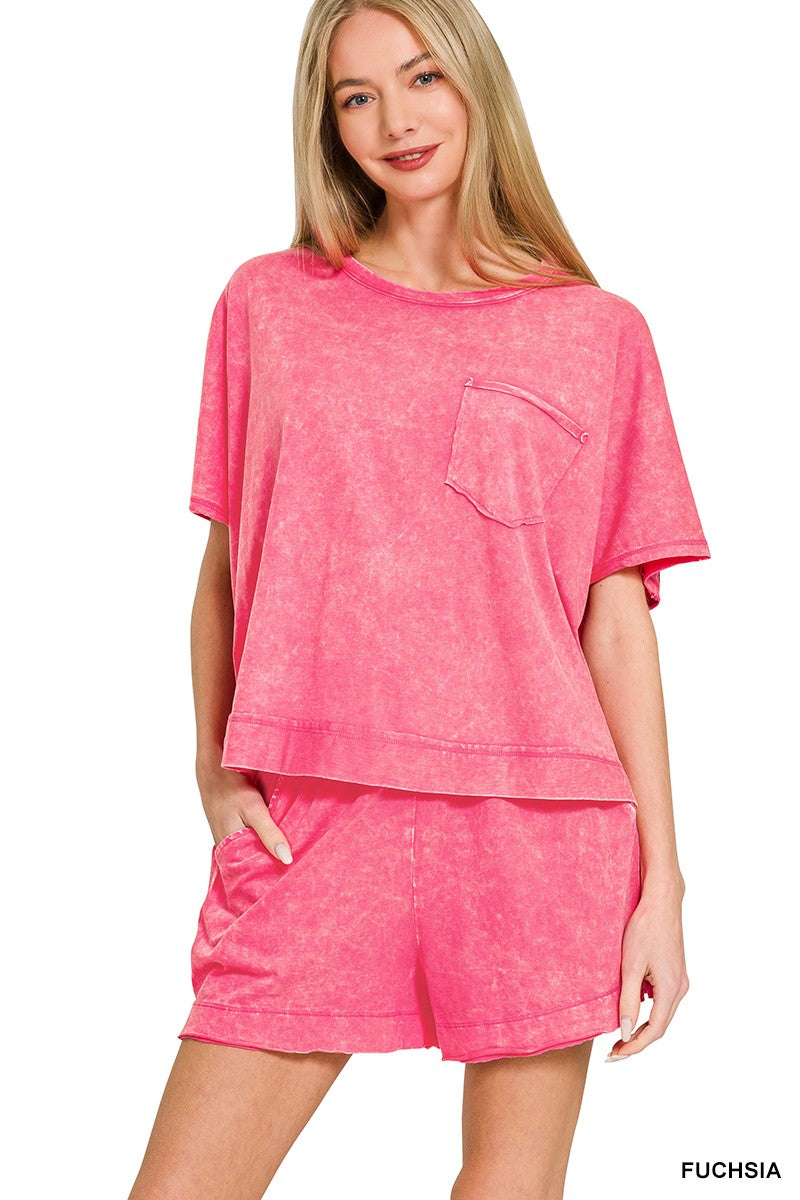 Zenana Casual Set Cotton Oversized T-shirt & Shorts Acid Washed Fuchsia Pink