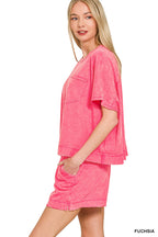 Zenana Casual Set Cotton Oversized T-shirt & Shorts Acid Washed Fuchsia Pink