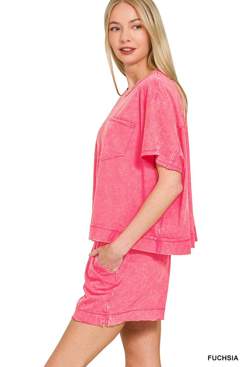 Zenana Casual Set Cotton Oversized T-shirt & Shorts Acid Washed Fuchsia Pink