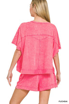 Zenana Casual Set Cotton Oversized T-shirt & Shorts Acid Washed Fuchsia Pink