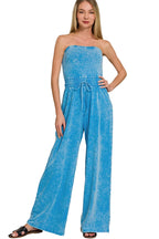 Zenana Strapless Jumpsuit Cotton Deep Sky Blue Acid Washed Drawstring Overall