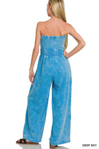 Zenana Strapless Jumpsuit Cotton Deep Sky Blue Acid Washed Drawstring Overall