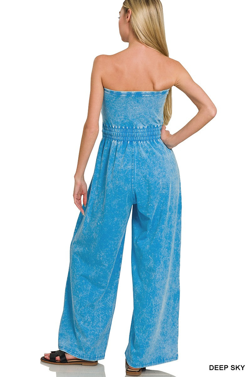 Zenana Strapless Jumpsuit Cotton Deep Sky Blue Acid Washed Drawstring Overall