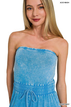 Zenana Strapless Jumpsuit Cotton Deep Sky Blue Acid Washed Drawstring Overall