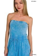 Zenana Strapless Jumpsuit Cotton Deep Sky Blue Acid Washed Drawstring Overall