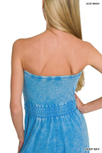 Zenana Strapless Jumpsuit Cotton Deep Sky Blue Acid Washed Drawstring Overall