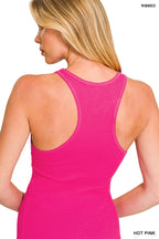 Zenana Tank Top USA Flag Embroidered Hot Pink Ribbed Sleeveless Blouse