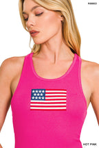 Zenana Tank Top USA Flag Embroidered Hot Pink Ribbed Sleeveless Blouse