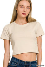 Zenana Cropped T-Shirt Baumwolle Basic Uni Sand Beige Kurzarm Top Shirt