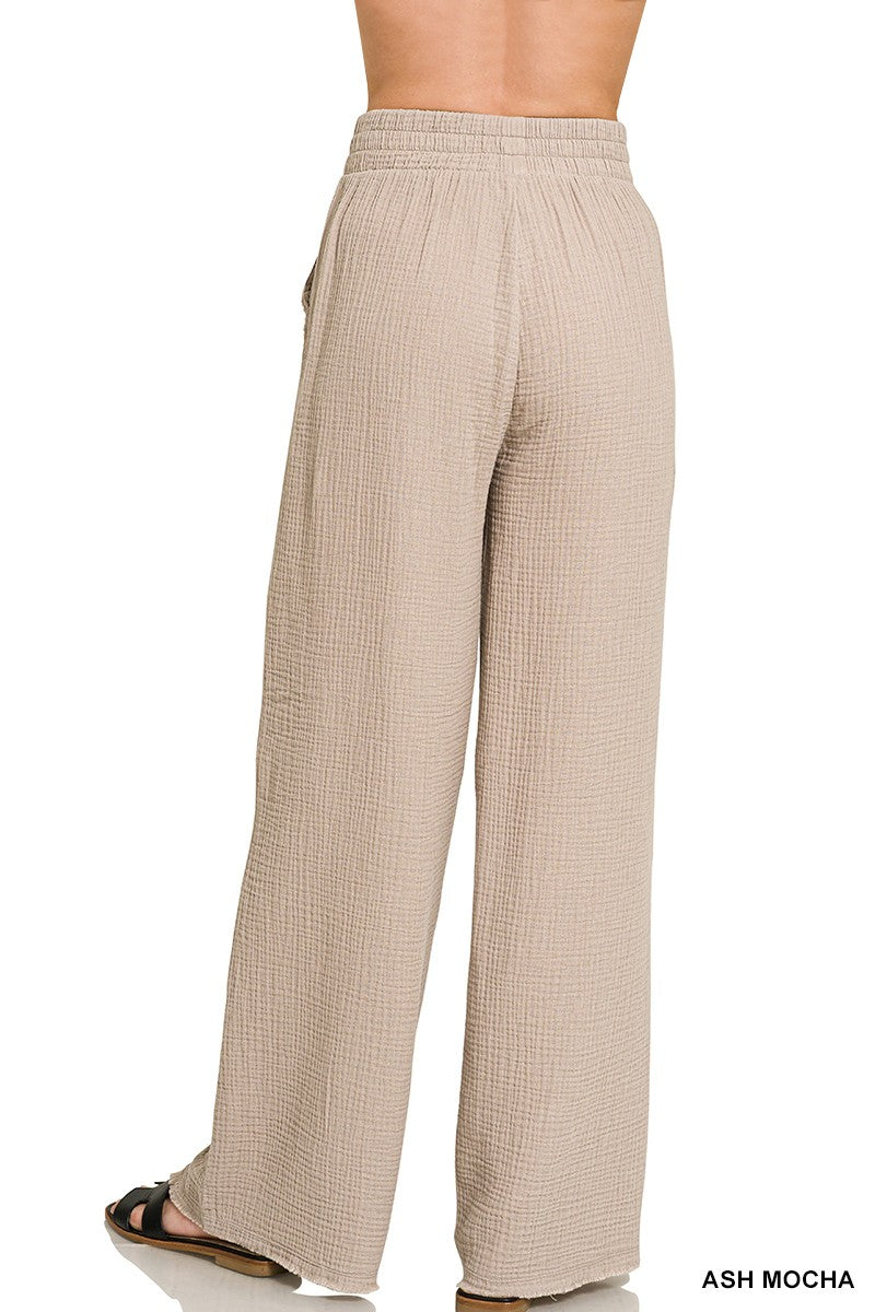 Zenana Casual Pants Cotton Gauze Wide Leg High Elastic Waist Lightweight