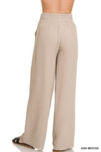 Zenana Casual Pants Cotton Gauze Wide Leg High Elastic Waist Lightweight