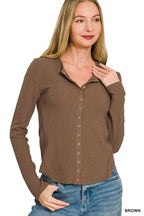 Zenana Double Knit Snap Button Top Brwon Lightweight Long Sleeve Cardigan