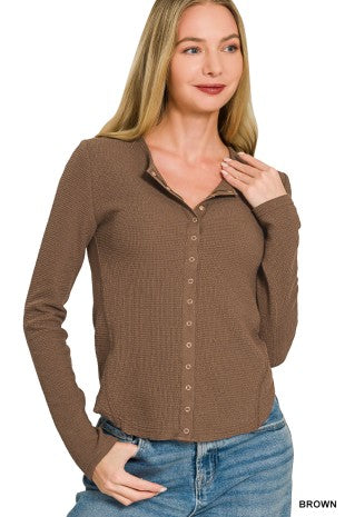 Zenana Double Knit Snap Button Top Brwon Lightweight Long Sleeve Cardigan