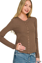 Zenana Double Knit Snap Button Top Brwon Lightweight Long Sleeve Cardigan