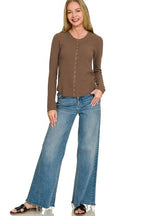 Zenana Double Knit Snap Button Top Brwon Lightweight Long Sleeve Cardigan