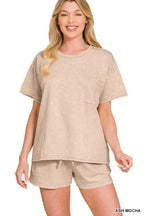 Zenana Cotton Set Relaxed T-shirt & Short Set French Terry Acid Washed Loungwear