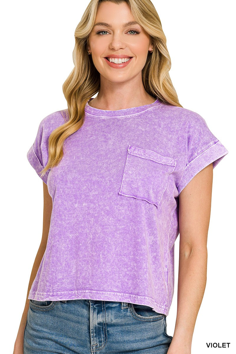 Zenana T-Shirt Cotton Halo Snow Washed Violet Casual Short Sleeve Basic Crop Top
