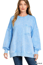 Zenana Cotton Sweatshirt Sky Blue Halo Washed French Terry Long Sleeve Top