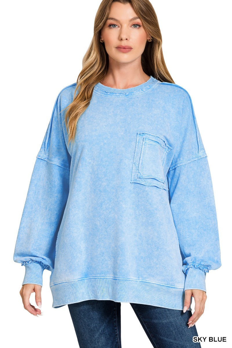 Zenana Cotton Sweatshirt Sky Blue Halo Washed French Terry Long Sleeve Top