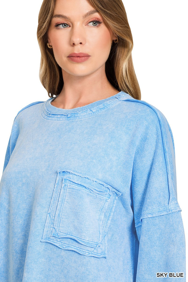 Zenana Cotton Sweatshirt Sky Blue Halo Washed French Terry Long Sleeve Top