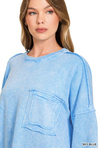 Zenana Cotton Sweatshirt Sky Blue Halo Washed French Terry Long Sleeve Top
