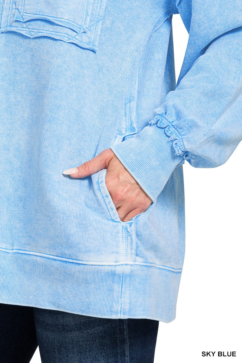 Zenana Cotton Sweatshirt Sky Blue Halo Washed French Terry Long Sleeve Top