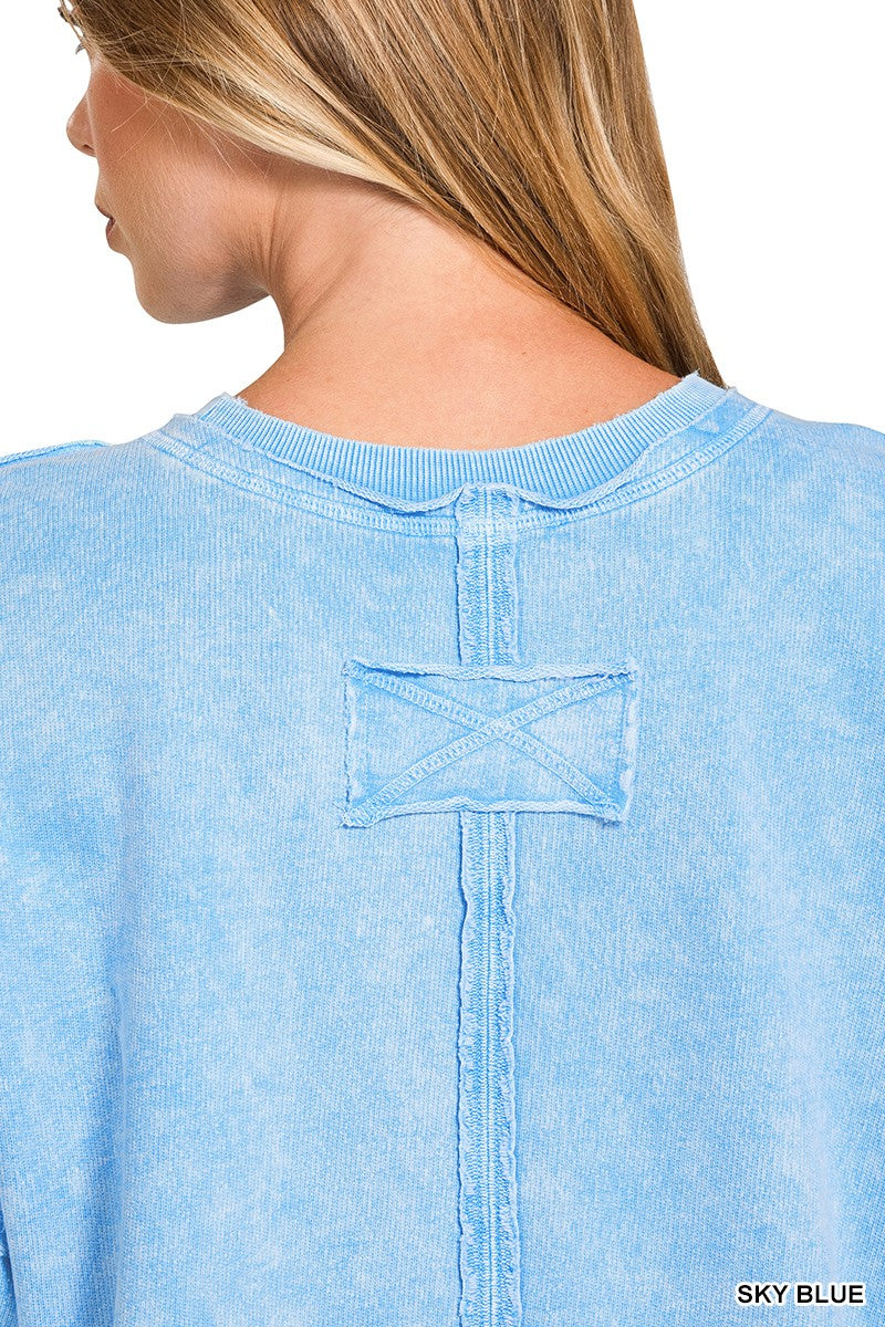 Zenana Cotton Sweatshirt Sky Blue Halo Washed French Terry Long Sleeve Top