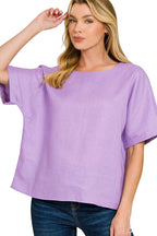 Zenana Linen Blouse Lavender Casual Round Neck Short Sleeve Top Lightweight