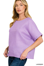 Zenana Linen Blouse Lavender Casual Round Neck Short Sleeve Top Lightweight