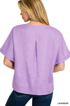 Zenana Linen Blouse Lavender Casual Round Neck Short Sleeve Top Lightweight