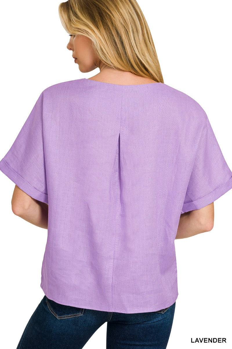 Zenana Linen Blouse Lavender Casual Round Neck Short Sleeve Top Lightweight