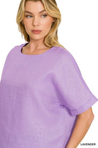 Zenana Linen Blouse Lavender Casual Round Neck Short Sleeve Top Lightweight
