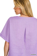 Zenana Linen Blouse Lavender Casual Round Neck Short Sleeve Top Lightweight