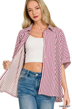 Zenana Casual Oversized Shirt Striped Button Up Burgundy Long Sleeve Top