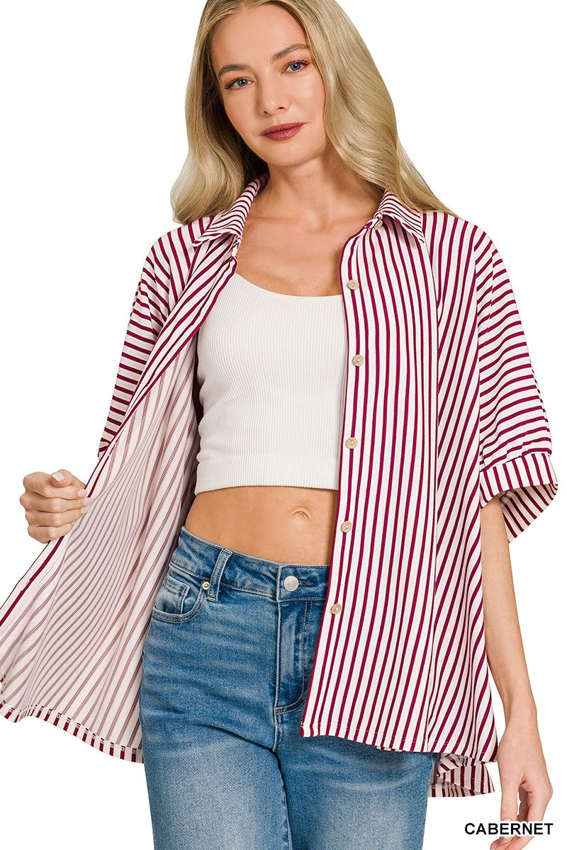 Zenana Casual Oversized Shirt Striped Button Up Burgundy Long Sleeve Top