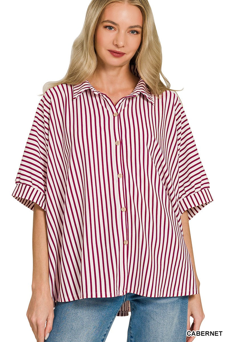 Zenana Casual Oversized Shirt Striped Button Up Burgundy Long Sleeve Top