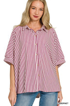 Zenana Casual Oversized Shirt Striped Button Up Burgundy Long Sleeve Top