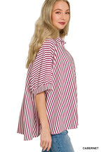 Zenana Casual Oversized Shirt Striped Button Up Burgundy Long Sleeve Top