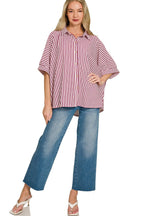 Zenana Casual Oversized Shirt Striped Button Up Burgundy Long Sleeve Top
