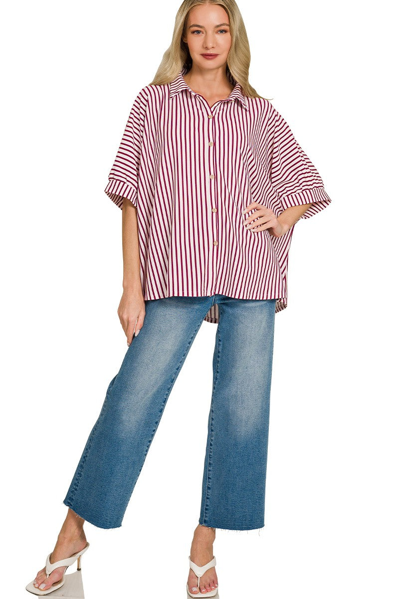 Zenana Casual Oversized Shirt Striped Button Up Burgundy Long Sleeve Top
