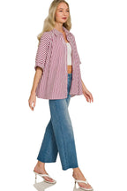 Zenana Casual Oversized Shirt Striped Button Up Burgundy Long Sleeve Top