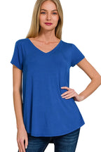 Zenana Freizeit-T-Shirt Basic V-Ausschnitt Hellmarineblau Kurzarm Top
