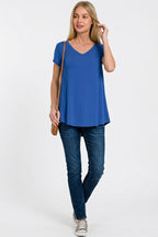 Zenana Freizeit-T-Shirt Basic V-Ausschnitt Hellmarineblau Kurzarm Top