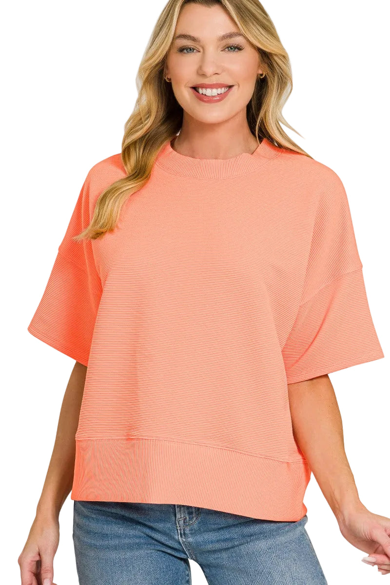 Zenana Casual Blouse Basic Round Neck Short Sleeve T-shirt Top Coral