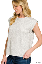 Zenana Casual Blouse Basic Round Neck Short Cap Sleeve Gray Top