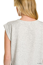Zenana Casual Blouse Basic Round Neck Short Cap Sleeve Gray Top