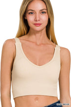 Zenana Cropped Bra Tank Seamless Ribbed V-Neck Padded Sleeveless Top Beige